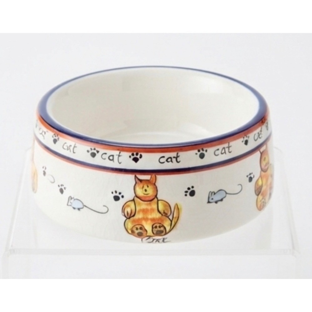 VTG Over and‎ Back Inc Ceramic Cat Bowl White Blue Red Mice Paw Prints 5"  Dish